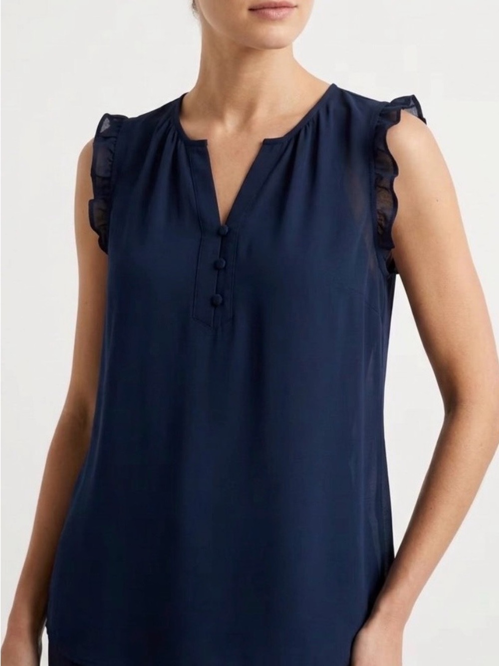 LOFT Outlet Navy Ruffle Sleeveless Henley Blouse Petite XSP Elevated Basics